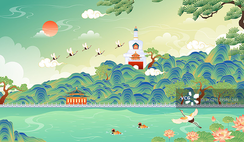 北京北海公園矢量插畫圖片素材