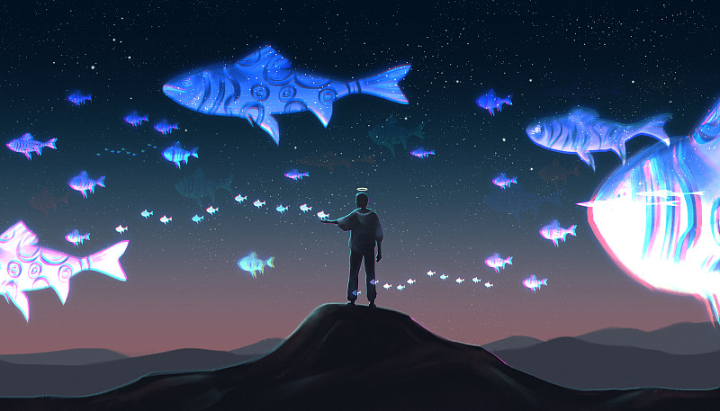 一個人站在山頂看著天空中發光的魚飛過 超現實主義繪畫 數碼繪圖片素材