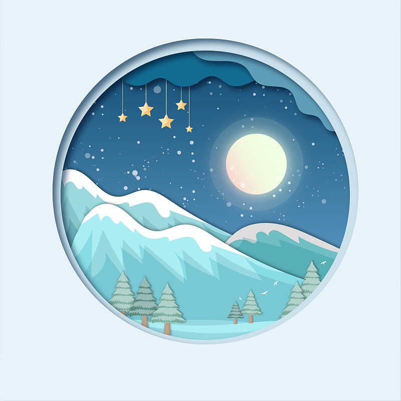 冬天夜晚星空下月亮照耀著雪山和森林的剪紙插畫圖片
