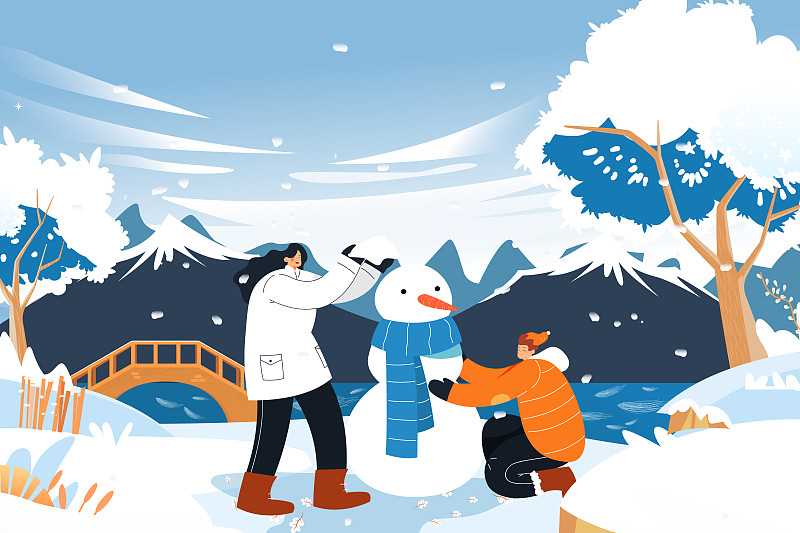 卡通大雪小雪冬季堆雪人背景矢量插畫圖片