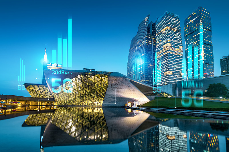 5G網絡信號科技快速發展廣州夜景大劇地標旅游城市建筑經濟中心圖片素材