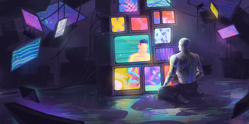 黑夜里機器人坐在各種屏幕前沉思的插畫圖片