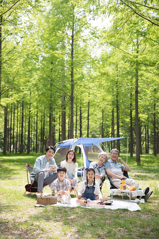 大家族坐在森林帳篷前露營的照片攝影圖片