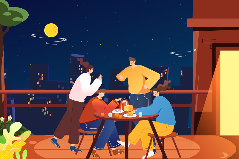中秋節跨年煙花家庭朋友團圓吃飯聚會傳統節日中國風習俗矢量插畫圖片