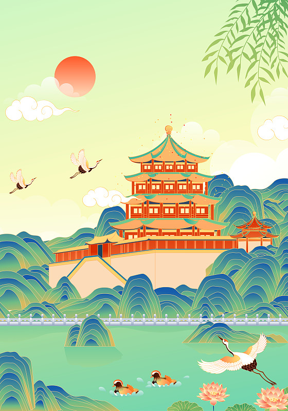 北京頤和園風景矢量插畫圖片