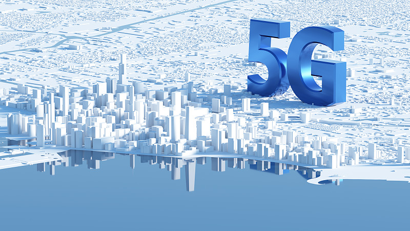 三維渲染的5G字體和白色城市圖片素材