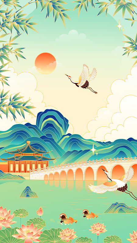 北京頤和園十七孔橋風景矢量插畫圖片