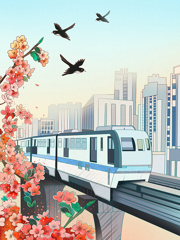 重慶輕軌開往春天的列車插畫圖片