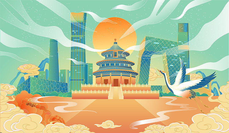 北京國風城市插畫圖片