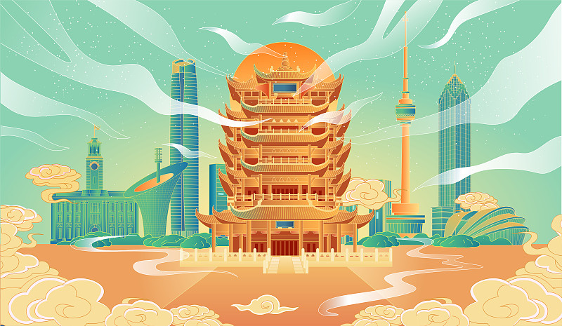 武漢城市建筑插畫圖片