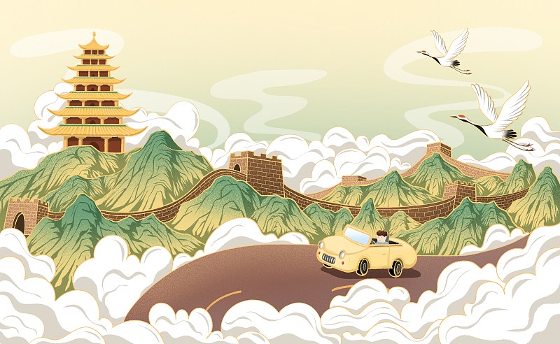 中國風長城寶塔開車旅行插畫圖片