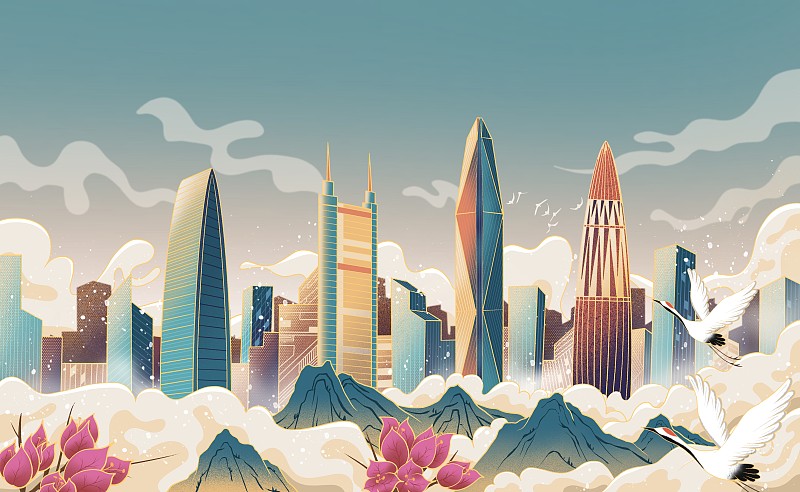 中國深圳城市天際線國潮插畫圖片
