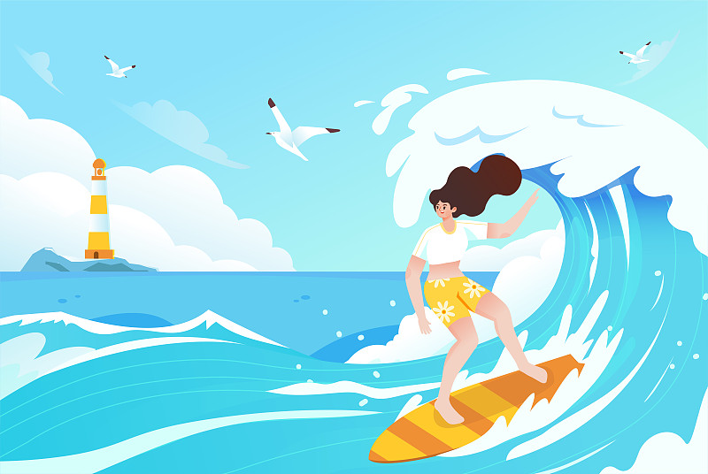 女孩夏天海邊沖浪插畫圖片