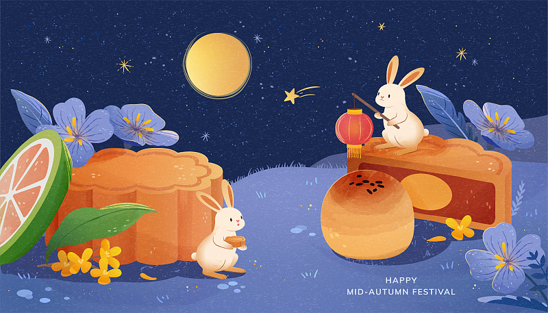 中秋佳節滿月夜玉兔與月餅橫幅插圖圖片素材