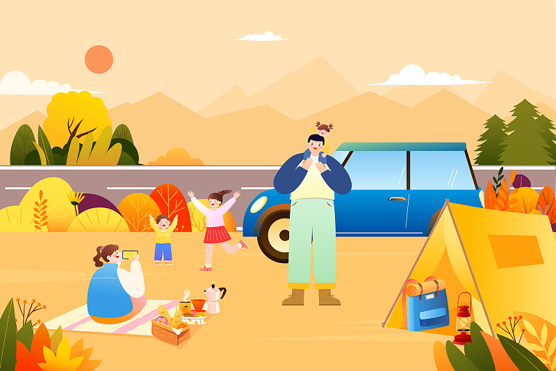 一家人自駕車快樂旅行度假矢量插畫橫圖圖片