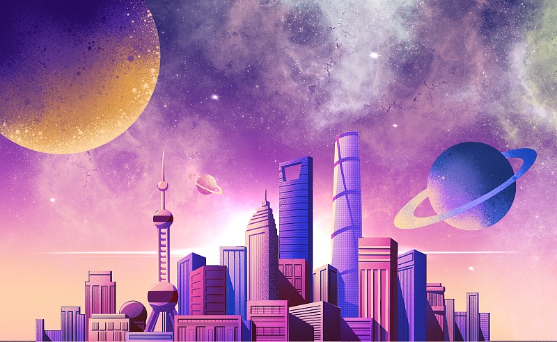 賽博朋克上海城市插畫圖片