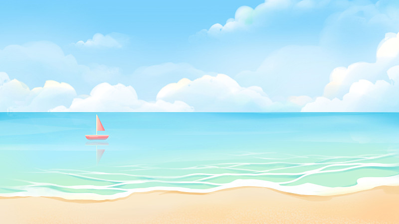 碧海蓝天中飘荡着的红色帆船，蓝色唯美卡通夏季海洋插画下载