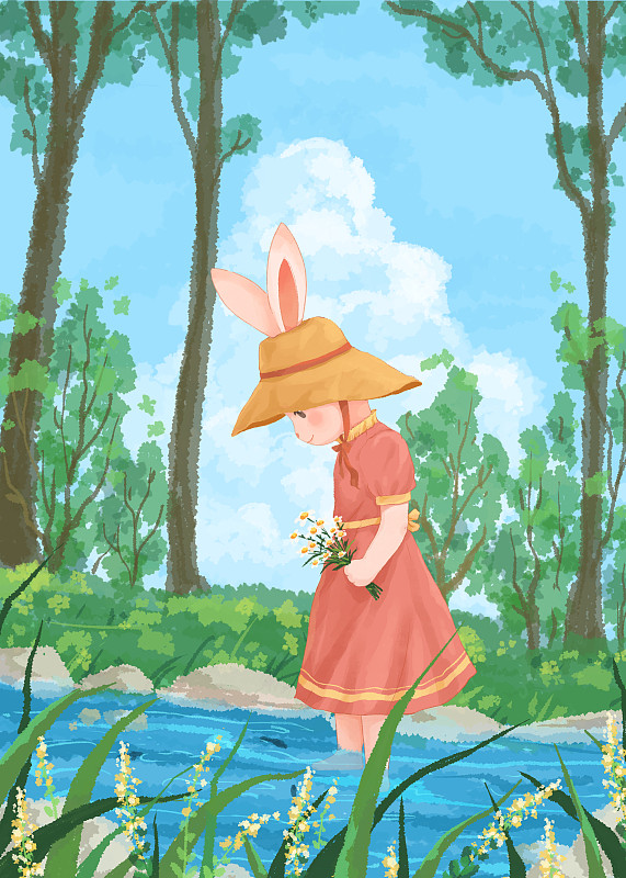 小兔的四季兔年小清新插畫七月圖片