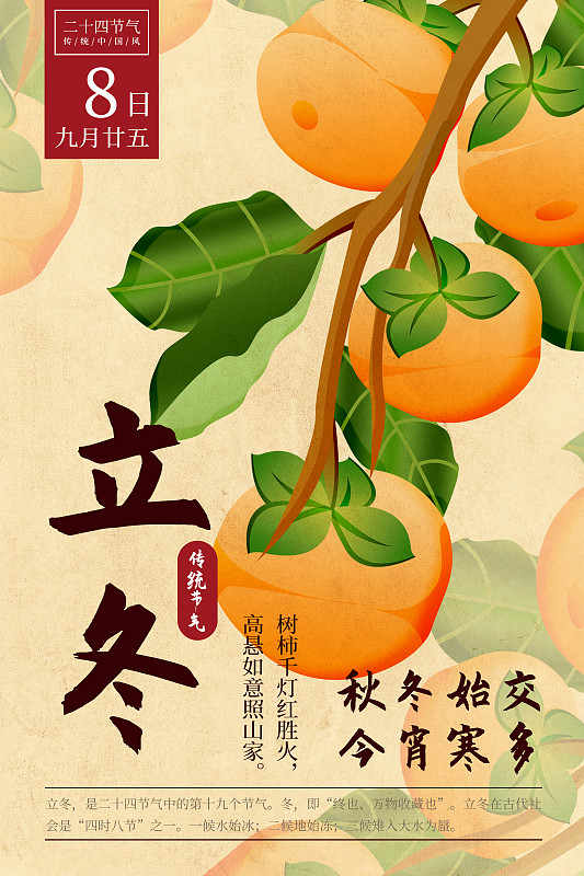 二十四節氣新中式植物海報-19立冬-柿子圖片素材