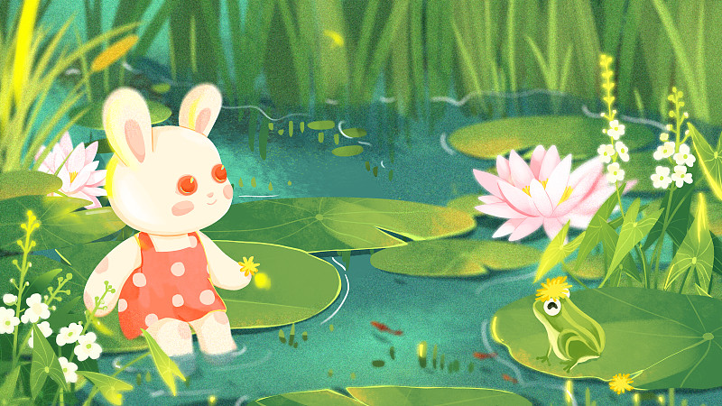 兔年七月睡蓮池塘青蛙水草小兔子系列插畫圖片