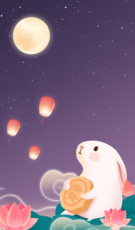 中秋節，玉兔抱著一個月餅在賞月的豎版插畫圖片