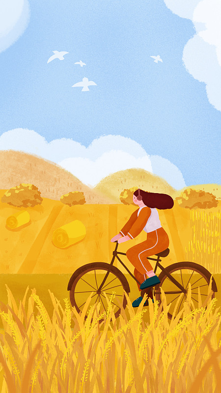 女孩在田間騎自行車扁平肌理插畫圖片