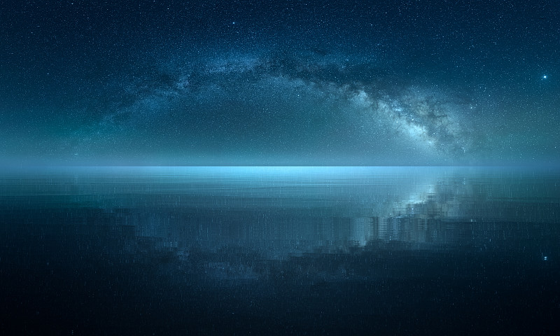 夜空中的星空映衬下的海景-科技概念抽象蓝色背景图-互联网大数据发光未来背景-蓝色星空银河背景图片下载