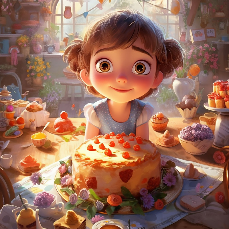 可愛小女孩生日蛋糕甜品屋柔光3D渲染氛圍場景圖片下載