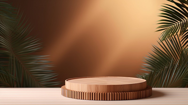 【AI数字艺术】木制圆形热带雨林植物电商产品展台图片下载