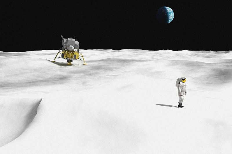 数字渲染在月球着陆时刻宇航员和行星地球在天空中。图片下载