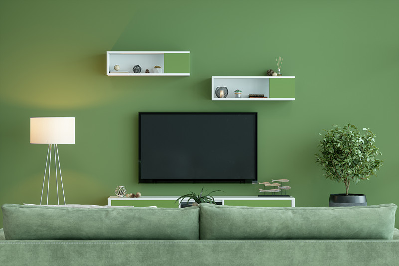 智能電視模型與空白屏幕在綠色房間圖片素材