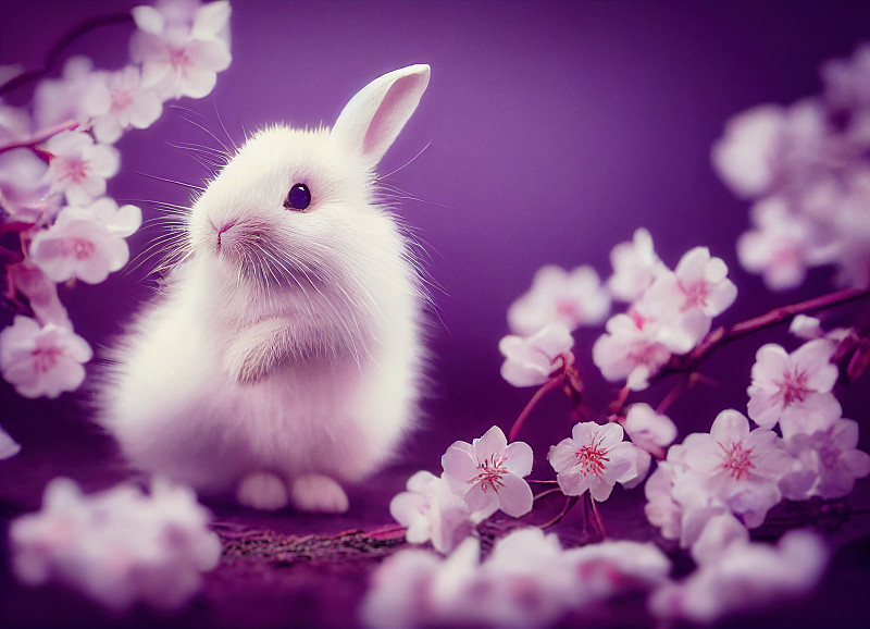 可愛的小白兔迎著櫻花插畫圖片