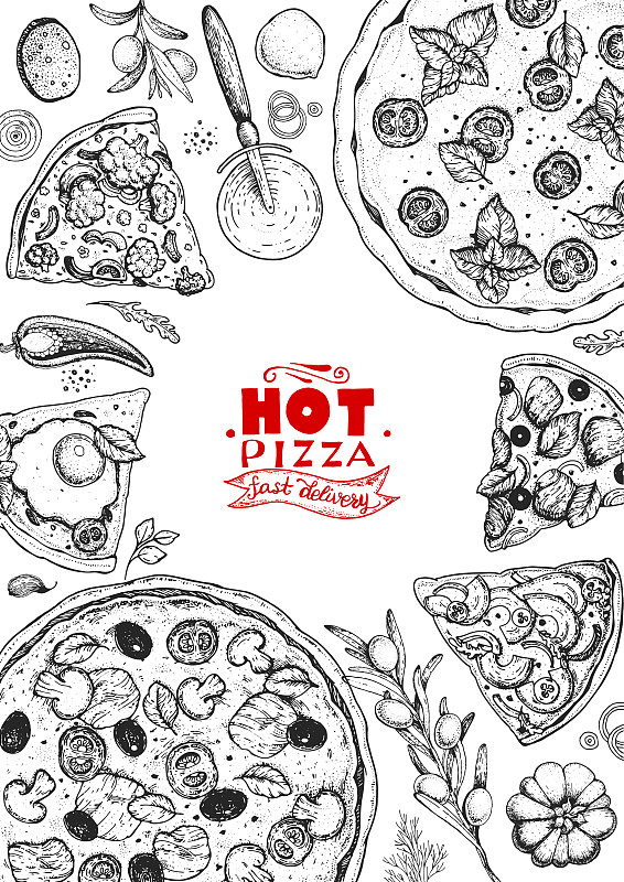 意大利披薩和配料俯視圖。意大利菜菜單設計模板。復古手繪矢量插圖。雕刻風格的插圖。菜單上的披薩標簽。插畫圖片