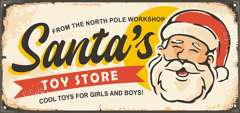 圣誕老人玩具店復古圣誕標志插畫圖片