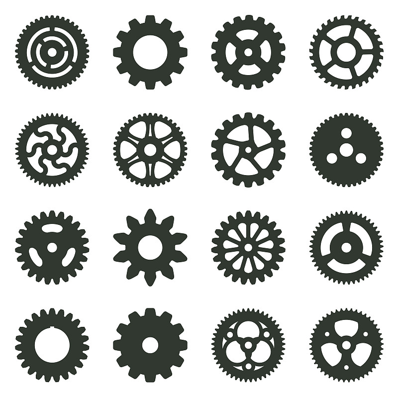 不同風格的齒輪組，小齒輪和齒輪，機械的一部分，矢量插畫圖片