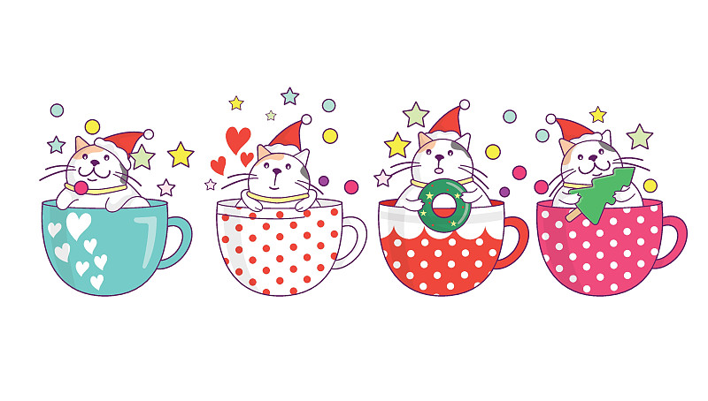 收集可愛的貓在圣誕飲料杯，咖啡或茶涂鴉卡通風格。插畫圖片