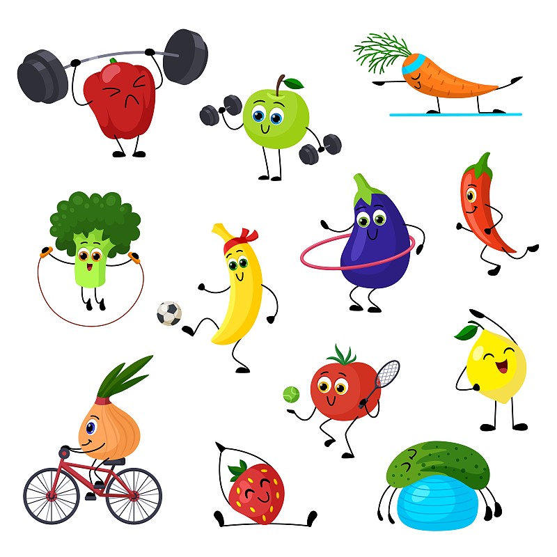 卡通運動水果，搞笑瑜伽和強力訓練。適合水果，辣椒，草莓，胡蘿卜和蘋果。健康食品色彩艷麗，蔬菜矢量集插畫圖片