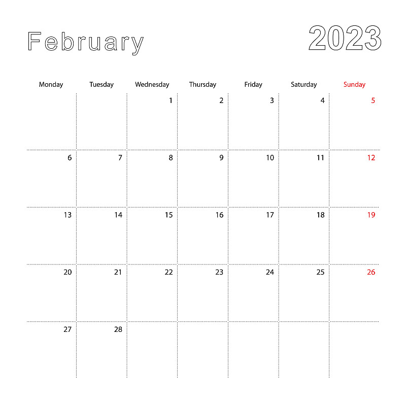 2023年2月的簡單掛歷，虛線。日歷是英文的，從星期一開始。插畫圖片