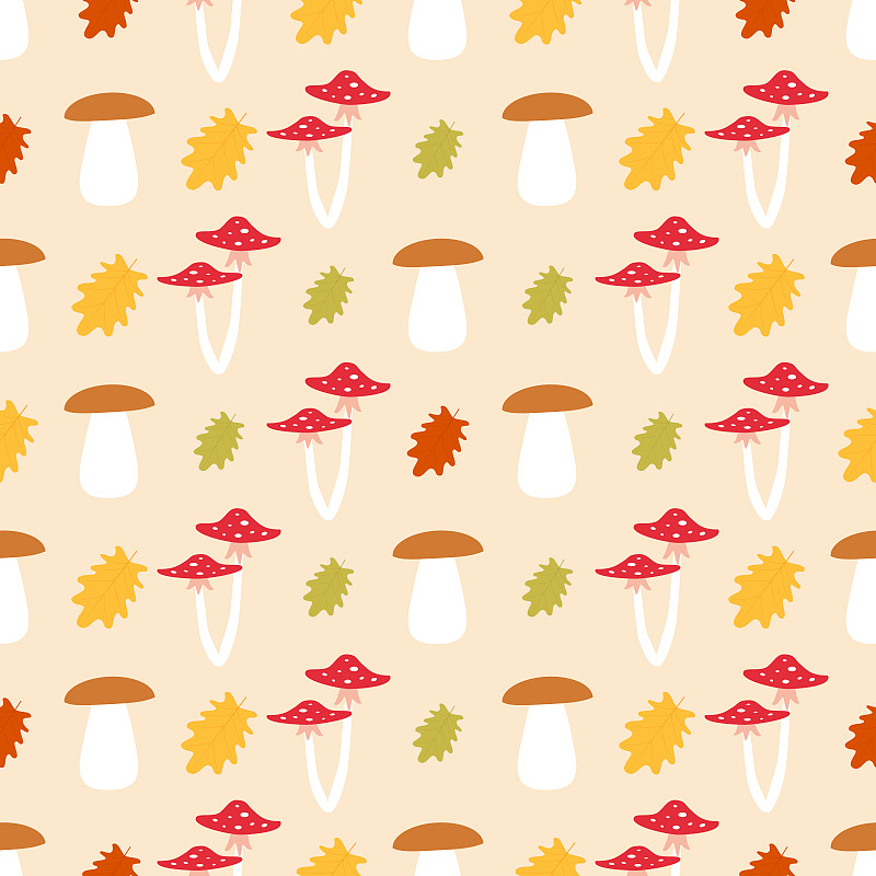 向量無縫模式。秋天。蘑菇用樹葉。插畫圖片