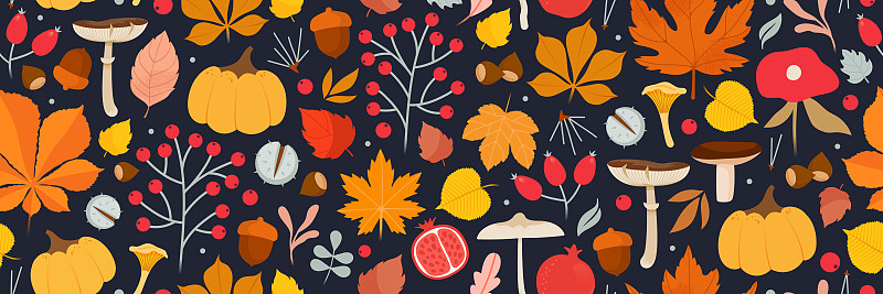 秋葉和橡子的矢量無縫圖案。插畫圖片