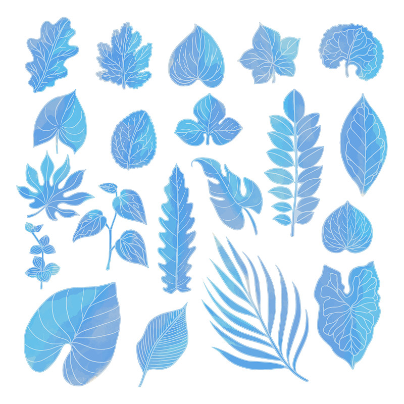 一套水彩樹葉，藍色樹葉剪貼畫插畫圖片