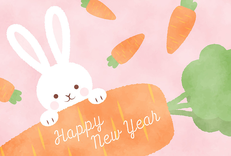 新年賀卡上有胡蘿卜和一只兔子，兔子是中國或日本2023年的星座圖片下載