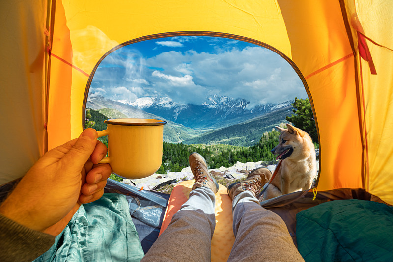手里拿著一杯熱飲，透過帳篷的開放入口，可以看到山頂的美景。在狗狗的陪伴下進行浪漫的徒步旅行和露營。圖片下載