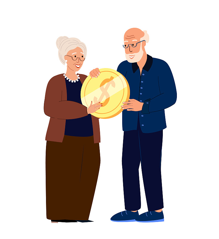 退休的老夫妇拿着巨大的金币。金融财富概念，养老金扣除，储蓄，退休后的财富稳定性。人平面矢量插图隔离在白色背景上图片下载