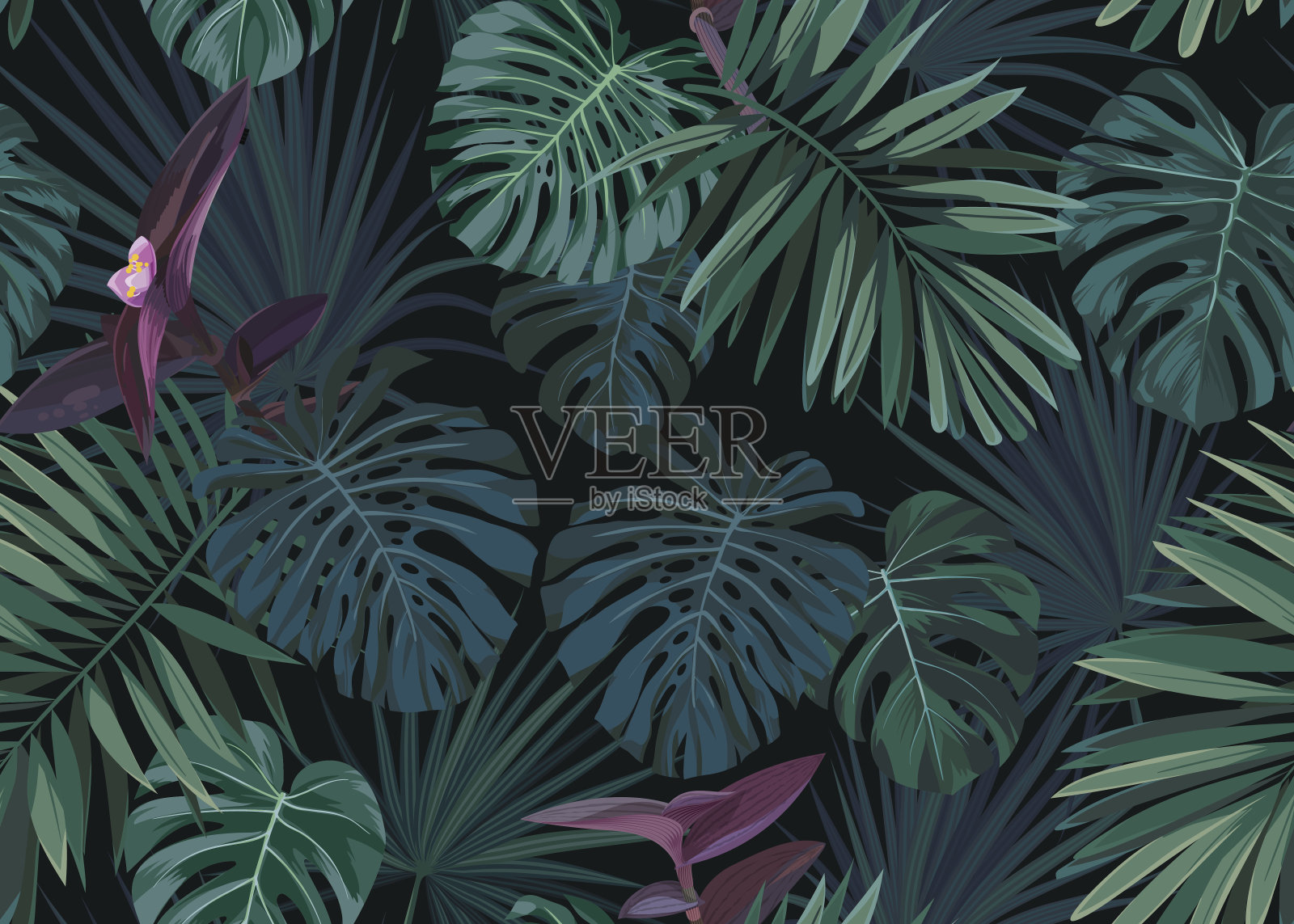无缝手绘植物外来矢量图案与绿色棕榈叶在黑暗的背景插画图片素材