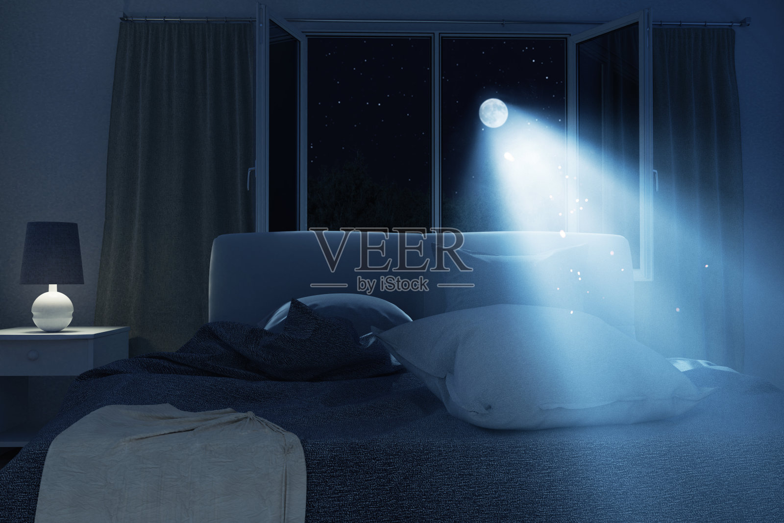 在满月的夜晚，卧室与未做和皱褶的床的3d渲染照片摄影图片