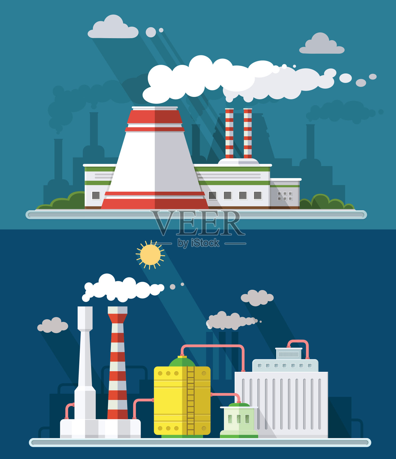 核电站烟雾环境和能源元素周围的推广模板平面风格的插图插画图片素材