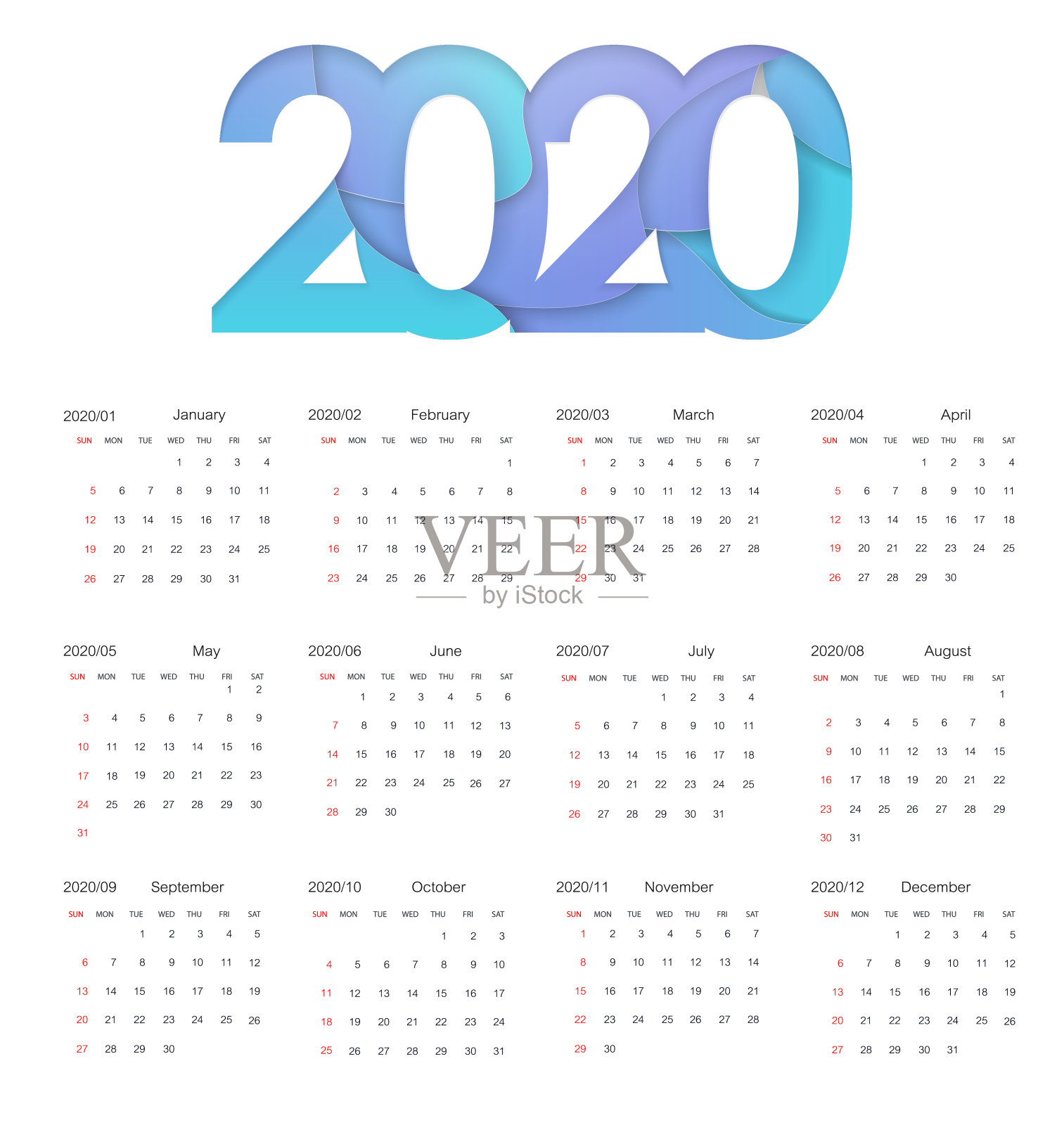 2020快乐年历设计。快乐2020年新年insta彩色横幅纸风格为您的季节性假日传单。向量设计模板素材