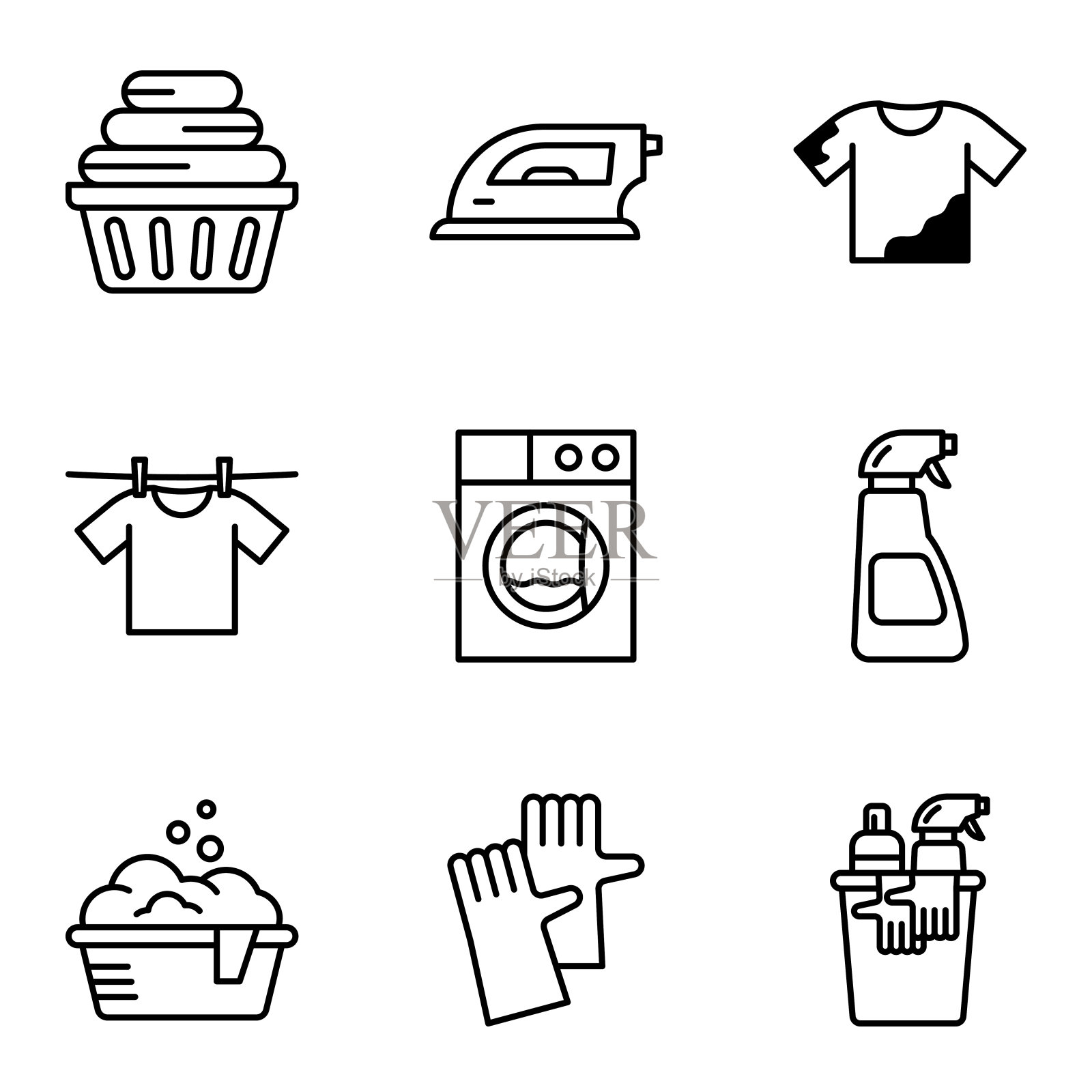 洗衣图标集。烘干机，洗衣机和脏衬衫。自助洗衣店，手洗，洗衣服务。图标素材