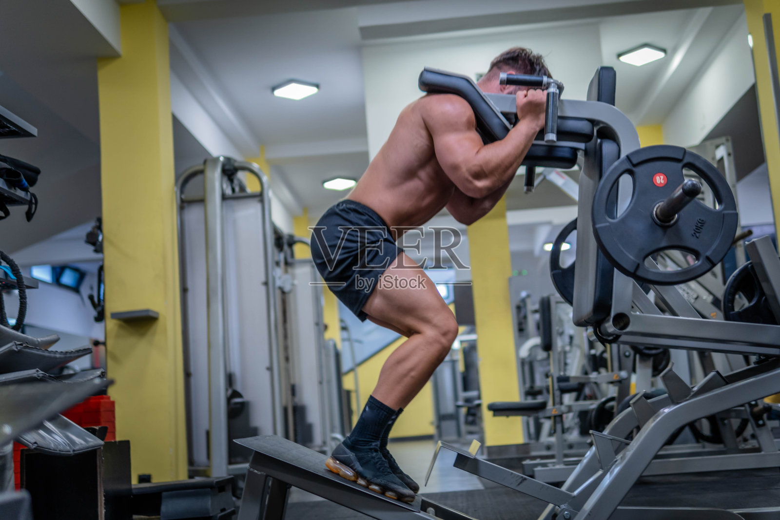 男子在健身房用深蹲机做股四头肌锻炼照片摄影图片